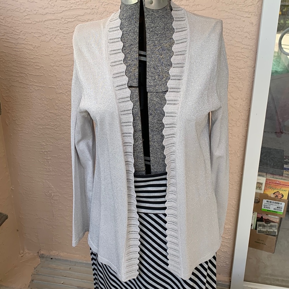 Birch Hill long sleeve open front Cardigan in metallic silver w/ scalloped edges